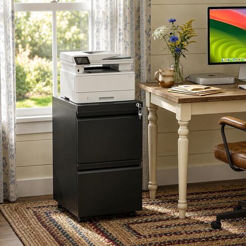 2 Drawer Mobile File Cabinet with Lock, Fully Assembled Except Casters, Under Desk Metal Filing Cabinet for Home Office Organization, Fits Letter/Legal/A4 in Saudi Arabia