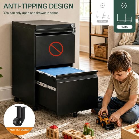 2 Drawer Mobile File Cabinet with Lock, Fully Assembled Except Casters, Under Desk Metal Filing Cabinet for Home Office Organization, Fits Letter/Legal/A4 in Saudi Arabia