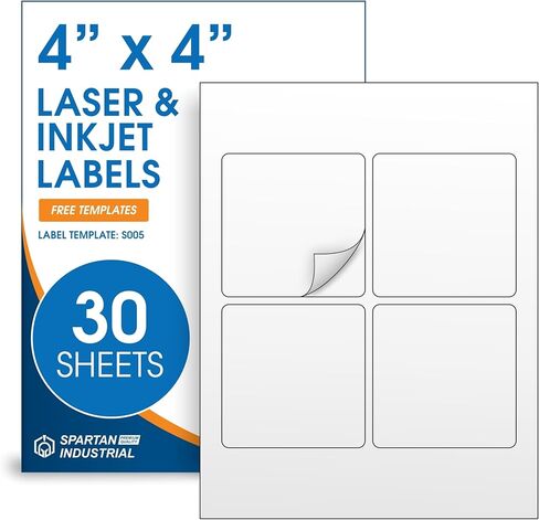 4" X 4" Square Printable Labels for Inkjet and Laser Printers - 30 Sheets, 120 Matte White Custom Stickers for Business Logos, QR Code Stickers, Product Labeling - Spartan Industrial Template S005 in Kuwait