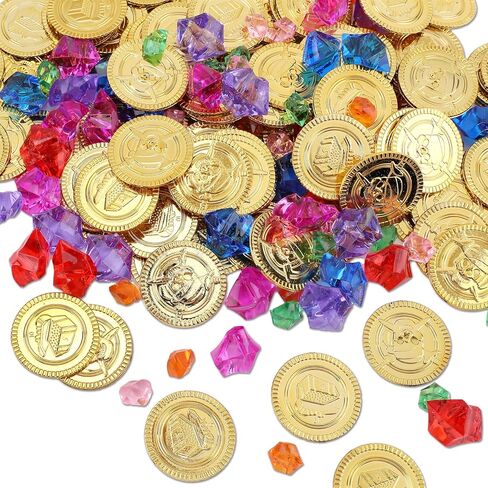 200 Pcs Pirate Party Decorations Favors Set, 100 Pcs Pirate Gold Coins and 100 Pcs Plastic Gems for Pirate Theme Party Supplies Pirate Treasure Hunt Party Favors in Kuwait