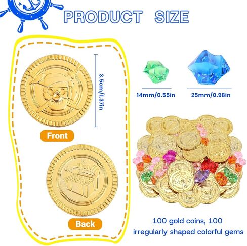 200 Pcs Pirate Party Decorations Favors Set, 100 Pcs Pirate Gold Coins and 100 Pcs Plastic Gems for Pirate Theme Party Supplies Pirate Treasure Hunt Party Favors in Kuwait