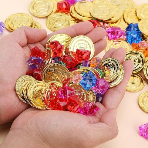 200 Pcs Pirate Party Decorations Favors Set, 100 Pcs Pirate Gold Coins and 100 Pcs Plastic Gems for Pirate Theme Party Supplies Pirate Treasure Hunt Party Favors in Kuwait