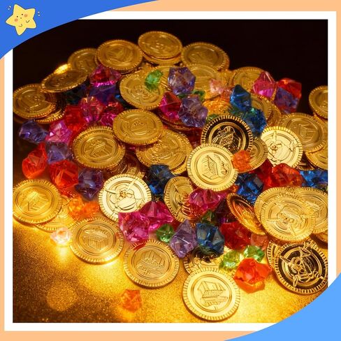200 Pcs Pirate Party Decorations Favors Set, 100 Pcs Pirate Gold Coins and 100 Pcs Plastic Gems for Pirate Theme Party Supplies Pirate Treasure Hunt Party Favors in Kuwait