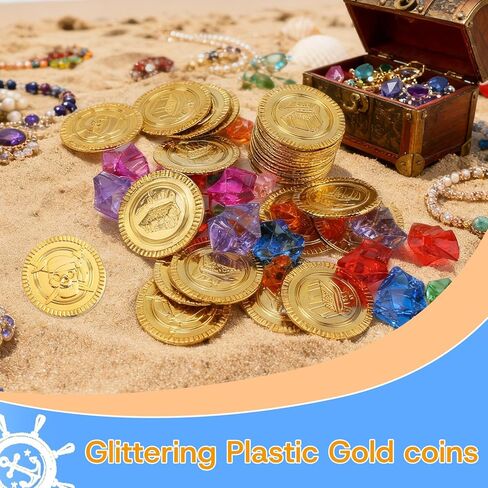 200 Pcs Pirate Party Decorations Favors Set, 100 Pcs Pirate Gold Coins and 100 Pcs Plastic Gems for Pirate Theme Party Supplies Pirate Treasure Hunt Party Favors in Kuwait