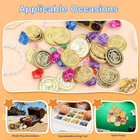 200 Pcs Pirate Party Decorations Favors Set, 100 Pcs Pirate Gold Coins and 100 Pcs Plastic Gems for Pirate Theme Party Supplies Pirate Treasure Hunt Party Favors in Kuwait
