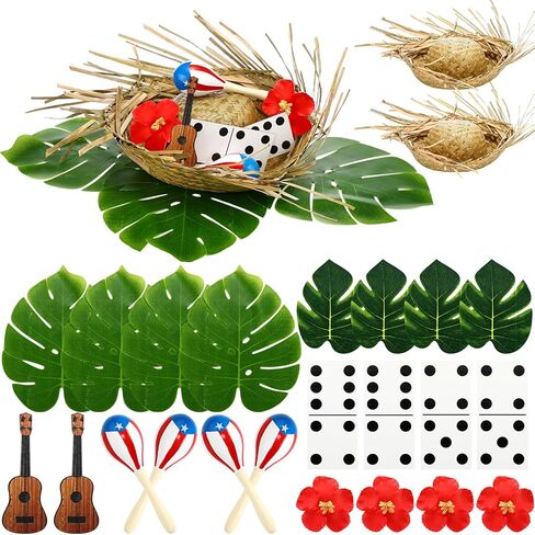 2 Sets Puerto Rico Party Decorations Puerto Rican Table Centerpiece with Straw Hats Guitar Dice Cutouts Monstera Leaves Hibiscus Flowers and Maracas Patriotic Festival Table Decor in Kuwait
