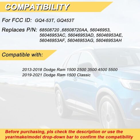 Vurkcy Key Fob Kit Replacement for 2013-2021 Ram 1500 2500 3500 4500 5500/19-21 Ram 1500 Classic Car Keyless Entry Remote Control, GQ4-53T,3 Buttons in Kuwait