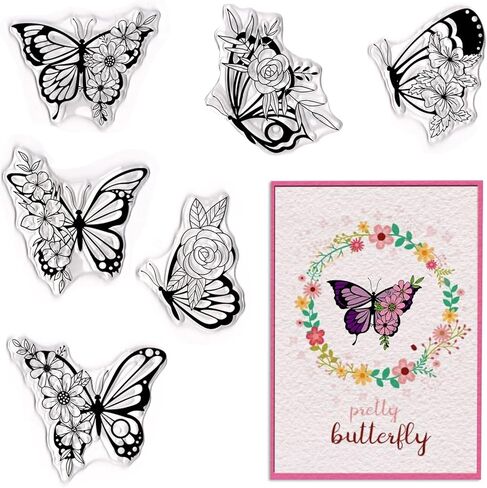 6 Spring Butterfly Clear Stamps for Card Making and Photo Album Decorations, Flower Butterfly Stamps, Spring Flower Transparent Silicone for Crafting and DIY Scrapbooking in Kuwait
