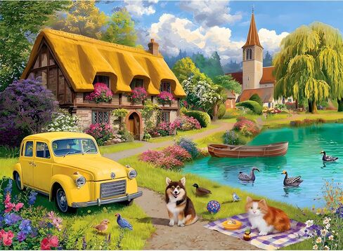 300 Pieces Puzzle for a Adults, Charming Country Cottage Scene Jigsaw Puzzle, Vintage Yellow Car and Cute Cat, Dog Puzzle for Adults, Relaxing Nature Landscape Puzzle, Perfect for Family Fun Game in Saudi Arabia