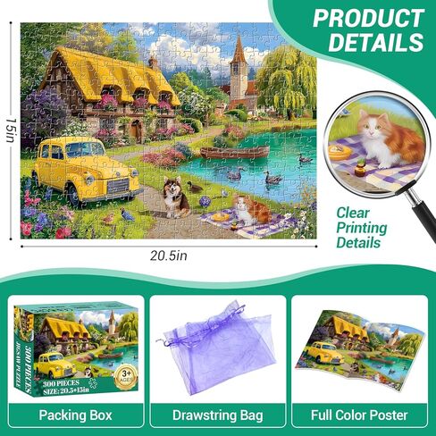 300 Pieces Puzzle for a Adults, Charming Country Cottage Scene Jigsaw Puzzle, Vintage Yellow Car and Cute Cat, Dog Puzzle for Adults, Relaxing Nature Landscape Puzzle, Perfect for Family Fun Game in Saudi Arabia
