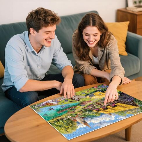 300 Pieces Puzzle for a Adults, Charming Country Cottage Scene Jigsaw Puzzle, Vintage Yellow Car and Cute Cat, Dog Puzzle for Adults, Relaxing Nature Landscape Puzzle, Perfect for Family Fun Game in Saudi Arabia