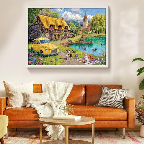 300 Pieces Puzzle for a Adults, Charming Country Cottage Scene Jigsaw Puzzle, Vintage Yellow Car and Cute Cat, Dog Puzzle for Adults, Relaxing Nature Landscape Puzzle, Perfect for Family Fun Game in Saudi Arabia