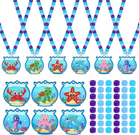 Whaline 24 Sets Under The Sea Bead Necklaces Making Kit Cartoon Sea Animals Fish Tank Wood Pendant Blue Purple Beads for Summer Ocean Party Favors DIY Jewelry Making Supplies in Kuwait