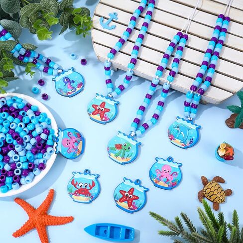 Whaline 24 Sets Under The Sea Bead Necklaces Making Kit Cartoon Sea Animals Fish Tank Wood Pendant Blue Purple Beads for Summer Ocean Party Favors DIY Jewelry Making Supplies in Kuwait