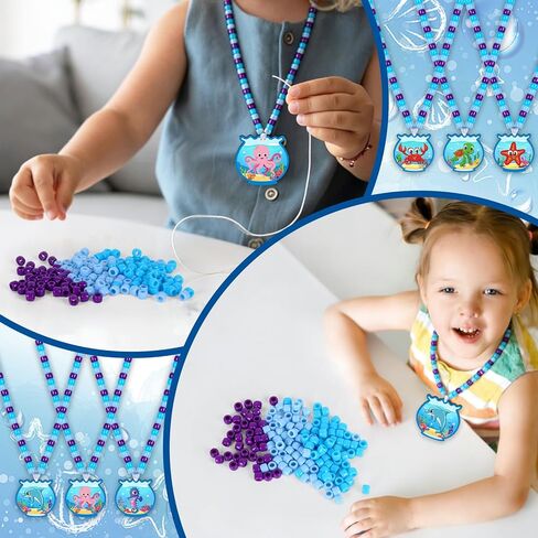 Whaline 24 Sets Under The Sea Bead Necklaces Making Kit Cartoon Sea Animals Fish Tank Wood Pendant Blue Purple Beads for Summer Ocean Party Favors DIY Jewelry Making Supplies in Kuwait
