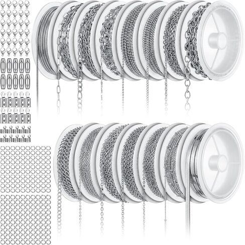 Afcabakila 15 Rolls Necklace Chains Stainless Steel Jewelry Chains Kit 118 Feet Silver for Jewelry Making DIY Necklace Bracelet Making with Jump Rings Lobster Clasps and Connectors in Kuwait