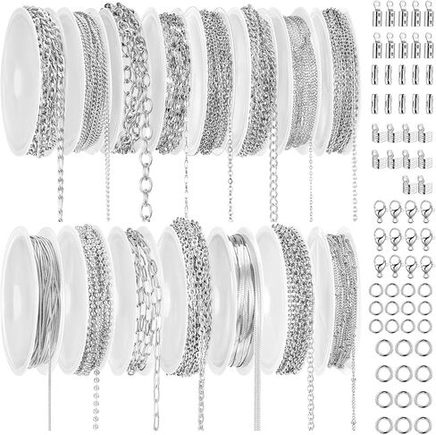 Afcabakila 15 Rolls Necklace Chains Stainless Steel Jewelry Chains Kit 118 Feet Silver for Jewelry Making DIY Necklace Bracelet Making with Jump Rings Lobster Clasps and Connectors in Kuwait