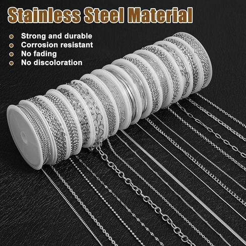 Afcabakila 15 Rolls Necklace Chains Stainless Steel Jewelry Chains Kit 118 Feet Silver for Jewelry Making DIY Necklace Bracelet Making with Jump Rings Lobster Clasps and Connectors in Kuwait