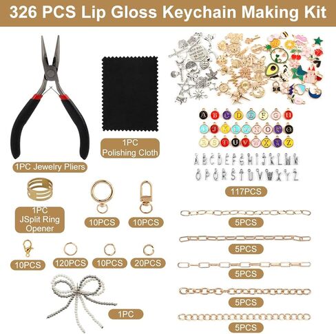 Yonderfume 333Pcs Lip Gloss Keychain Making Kit with Charms, Including 20 Keychains Clips 25 Extender Chain 118 Charm Jewelry Plier, DIY Craft Supplies with Charms, Key Chain Hooks for Bags in Kuwait