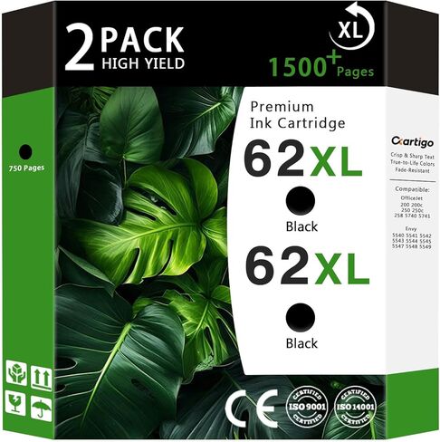 62XL High Yield Ink Cartridges Combo Pack (2-Black) Compatible for HP 62XL 62 Replacement for HP Envy 5540 5640 5660 7644 OfficeJet 5740 5741 8040 200 250 Series Printers in Saudi Arabia