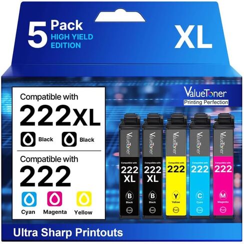 222XL Ink Cartridges for Epson Printer (5-Pack) High-Capacity Black & Standard Color Remanufactured for Epson 222 Ink Cartridges 222XL Work with Workforce WF-2960 Expression XP-5200 Printer in Kuwait
