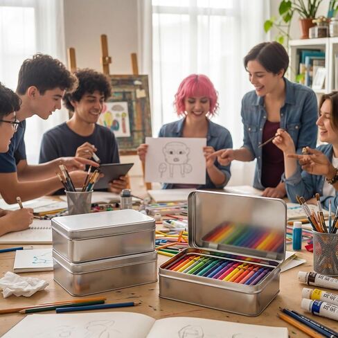 Gueevin 6 Pcs Metal Crayon Box Large Crayon Case Bulk Tin Storage Box with Hinged Lid for Crayons Pencils Eraser Craft Supplies, Holds 64 Crayons, 6.3 x 4.2 x 2.1 Inches in Kuwait