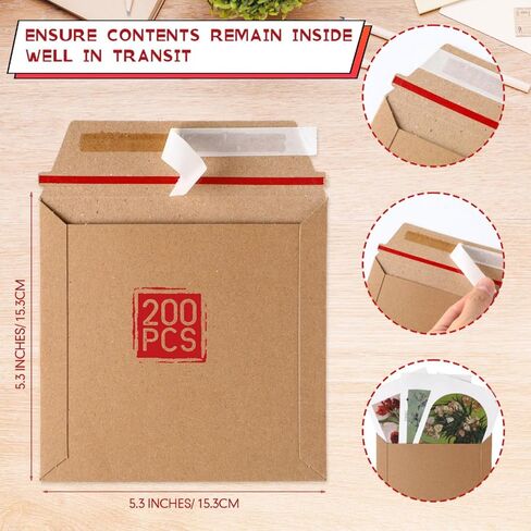 Fainne 200 Pcs 6 x 6'' Rigid Mailers 400 GSM Keep Flat Cardboard Mailers Shipping Cardboard Envelopes Disc DVD CD Envelopes with Self Adhesive Flap and Tear off Strip for Mailing Photo (Brown) in Kuwait