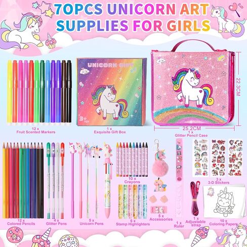 70Pcs Fruit Scented Markers Set - Kawaii Art Supplies with Unicorn Pencil Case, Coloring Set for Kids Include Marker, Pencil, Crayon, Pen, Eraser, Sticker, Unicorn Drawing Kit Birthday Gift for Girls in Saudi Arabia