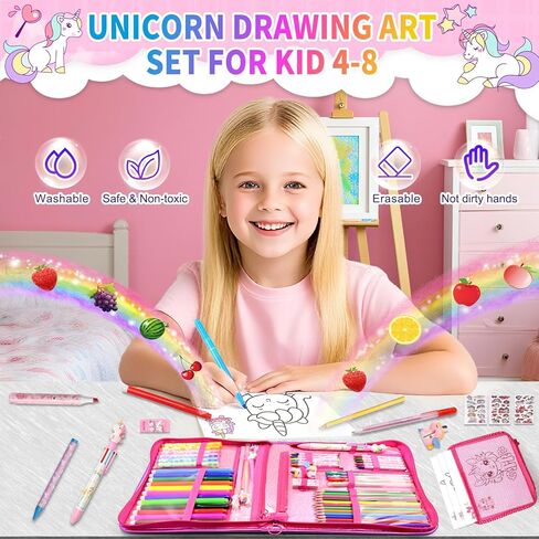 70Pcs Fruit Scented Markers Set - Kawaii Art Supplies with Unicorn Pencil Case, Coloring Set for Kids Include Marker, Pencil, Crayon, Pen, Eraser, Sticker, Unicorn Drawing Kit Birthday Gift for Girls in Saudi Arabia