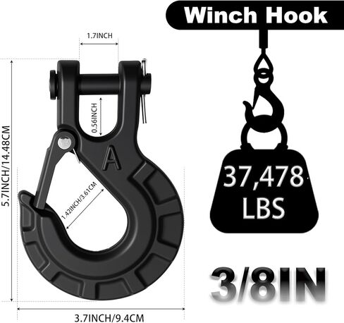 3/8" Forged Alloy Steel Clevis Slip Hook with Safety Latch, Heavy Duty Winch Hook 37400lbs Load Capacity for Truck Trailer Tow Chain Winch Cable Ropes (Matte Black) in Saudi Arabia
