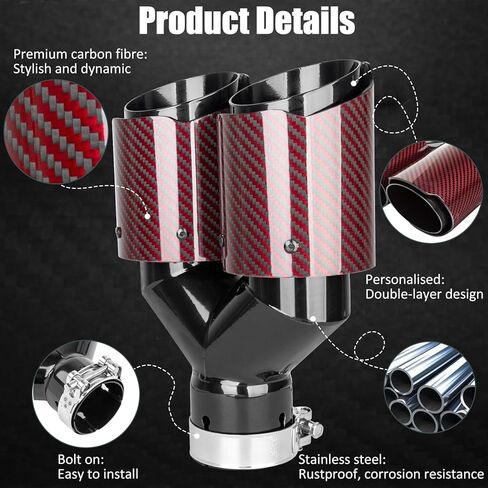 Catekro Exhaust Tip 2.5'' Inlet Exhaust Dual Tips, 3.5" Outlet Polished Stainless Steel and Carbon Fiber Diesel Muffler Tip for Truck Car Automotive Replacement Pipes 2PCS (Glossy Black Red) in Saudi Arabia