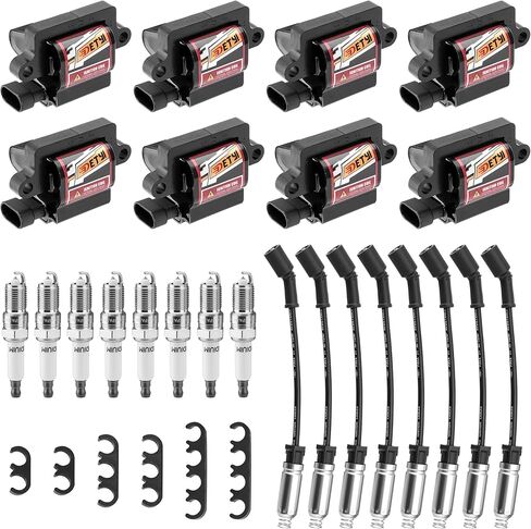 Set of 8 Square Ignition Coil Pack and Spark Plug Wire, UF271 Spark Plug and Coil Pack Kit Compatible with Chevy Silverado GMC Savana 1500 2500 3500, Sierra H2 4.8L 5.3L 6.0L, Replaces D581, C1208 in Saudi Arabia