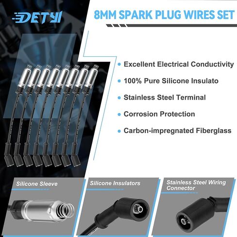 Set of 8 Square Ignition Coil Pack and Spark Plug Wire, UF271 Spark Plug and Coil Pack Kit Compatible with Chevy Silverado GMC Savana 1500 2500 3500, Sierra H2 4.8L 5.3L 6.0L, Replaces D581, C1208 in Saudi Arabia