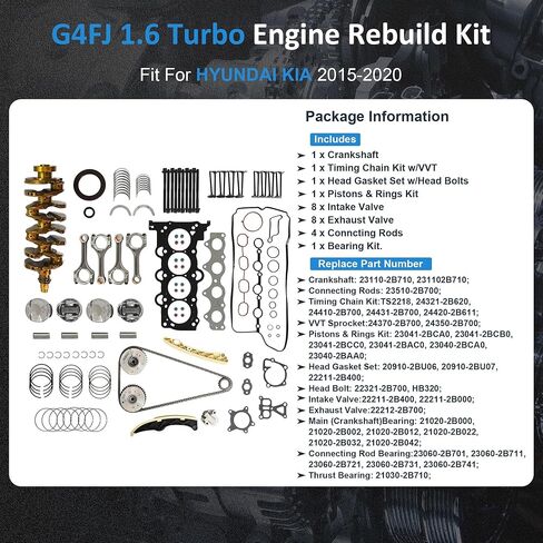 G4FJ 1.6 Turbo Overhaul Rebuild Kit w/Crankshaft Timing Chain VVT Kit Piston Connecting Rods Fit For Hyundai Kona Elantra Kia Forte/Forte5 Optima Seltos 1.6L Turbo 2015-2020 23110-2B710 24370-2B700 in Saudi Arabia