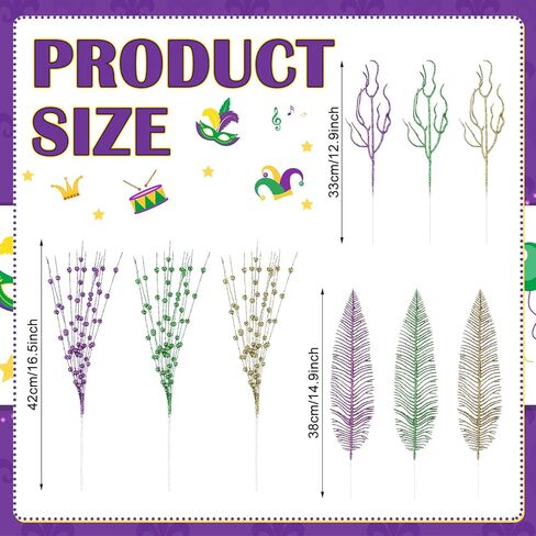 18 Pcs Mardi Gras Colorful Glitter Ting Branches Stems Ornaments 17.7 Inch Decorative Glittery Sticks Curly Twigs Picks for Mardi Gras Party Decorations Table Centerpiece Costume Crafts in Kuwait