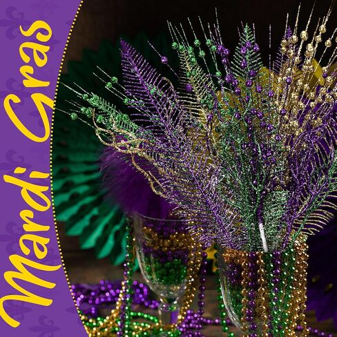 18 Pcs Mardi Gras Colorful Glitter Ting Branches Stems Ornaments 17.7 Inch Decorative Glittery Sticks Curly Twigs Picks for Mardi Gras Party Decorations Table Centerpiece Costume Crafts in Kuwait