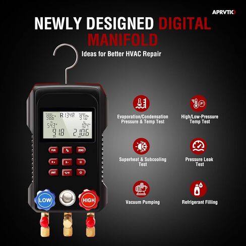 HVAC Gauges, Digital AC Gauge Set Aprvtio AMD517 Digital Manifold Gauge with Hoses and 2 Wired Temperature Clamp Probes, Automotive Refrigeration HVAC System Gauge Set, HVAC Tools Kit R134a R22 in Saudi Arabia