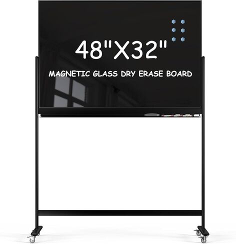 Tankee Rolling Whiteboard, 48x32 Inches Black Magnetic Glass Dry Erase Board with Stand, Standing White Board on Wheels, Large Glass Mobile Whiteboard for Office School Classroom Home in Saudi Arabia