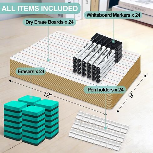 24 Pack Small White Boards, 9"x12" Double Sided Personal Dry Erase Boards Portable Handheld Whiteboards with Lines for Kids, Students, Teacher School, Include 24 Markers, 24 Erasers in Saudi Arabia