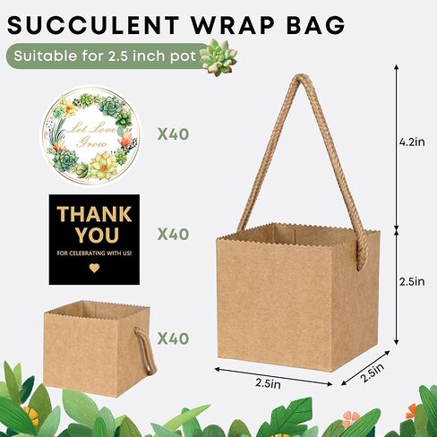 ULLIKI 2.5 Inch Succulents Wrap Bags with Thank You & Let Love Grow Stickers, Mini Succulent Gift Bags with Handles, Succulent Party Favors for Guests, Garden Party Favors for Guests (Brown 40pcs) in Saudi Arabia