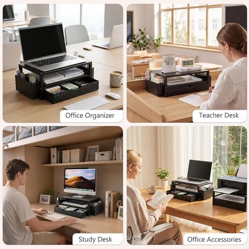 WALI Monitor Stand Riser with Drawer and 2 Pen Holders, Desk Organizers and Accessories for Computer, Printer, Laptop Stand for Home Office Supplies, (PTT004-B), 1 Pack, Black in Kuwait