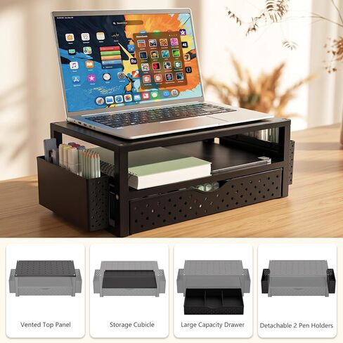 WALI Monitor Stand Riser with Drawer and 2 Pen Holders, Desk Organizers and Accessories for Computer, Printer, Laptop Stand for Home Office Supplies, (PTT004-B), 1 Pack, Black in Kuwait