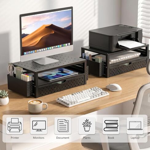 WALI Monitor Stand Riser with Drawer and 2 Pen Holders, Desk Organizers and Accessories for Computer, Printer, Laptop Stand for Home Office Supplies, (PTT004-B), 1 Pack, Black in Kuwait