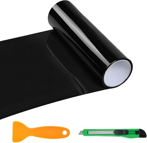 Sun Walker Car Light Tint Film, 12 x 48 Inch Waterproof Taillight Wrap Film Roll with Squeegee & Cutter, Self-Adhesive Vinyl Sticker Sheet Roll for Headlights Fog Lights Tail Lights (Dark Black) in Kuwait