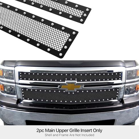 APS Compatible with Chevy Silverado 1500 2014-2015 Main Upper Stainless Steel Black Mesh Rivet Studs Front Grill Grille Insert CL5177H in Kuwait