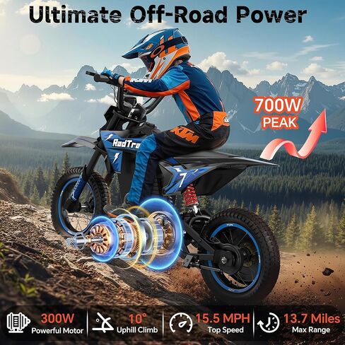 36V Dirt Bike for Kids, 700W Peak Electric Motorcycle, 3 Speeds, 15.5 MPH & 13.7 Miles, Headlight & Rainbow Ambient Lights, Pro Suspension Off-Road Ride On Gift for Kids Ages 4-10 in Saudi Arabia