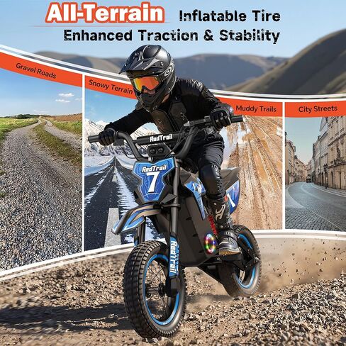 36V Dirt Bike for Kids, 700W Peak Electric Motorcycle, 3 Speeds, 15.5 MPH & 13.7 Miles, Headlight & Rainbow Ambient Lights, Pro Suspension Off-Road Ride On Gift for Kids Ages 4-10 in Saudi Arabia
