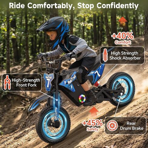 36V Dirt Bike for Kids, 700W Peak Electric Motorcycle, 3 Speeds, 15.5 MPH & 13.7 Miles, Headlight & Rainbow Ambient Lights, Pro Suspension Off-Road Ride On Gift for Kids Ages 4-10 in Saudi Arabia