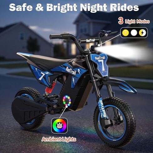 36V Dirt Bike for Kids, 700W Peak Electric Motorcycle, 3 Speeds, 15.5 MPH & 13.7 Miles, Headlight & Rainbow Ambient Lights, Pro Suspension Off-Road Ride On Gift for Kids Ages 4-10 in Saudi Arabia