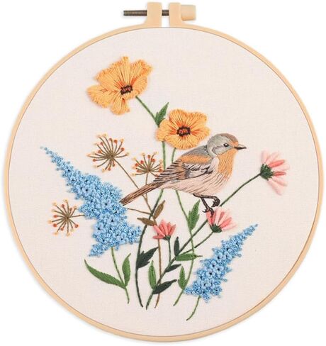 Meecaa Bird Flower Animal Embroidery Kit Starter Set, Hand Embroidery Set,Pattern Printed Cross Stitch Set for Beginner Adults, with Embroidery Hoop and Instructions (Bird 1) in Saudi Arabia